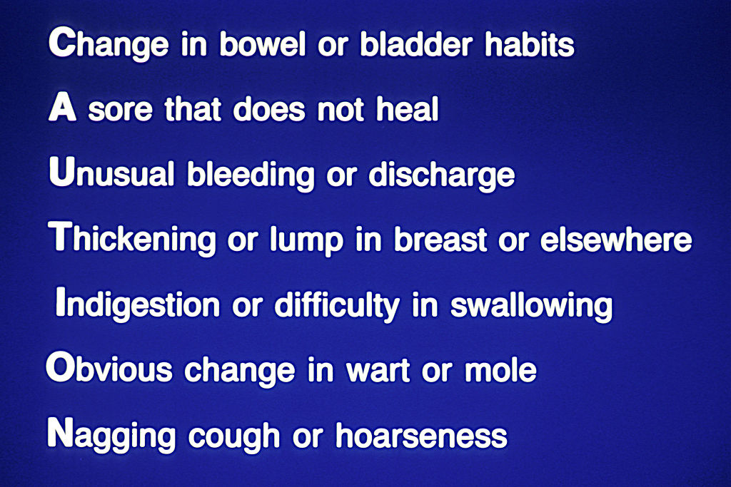 CAUTION stands for: C- Change in bowel or bladder habits, A- A sore that doesn't heal. U- Unusual bleeding or discharge. T- Thickening or lump in breast or elsewhere. I- Indigestion or difficulty swallowing. O- Obvious change in a wart or mole. N-Nagging cough or hoarseness
