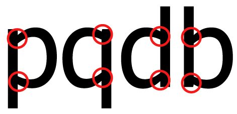 Tahoma font with red circles indicating where no mirroring is occurring in the letters
