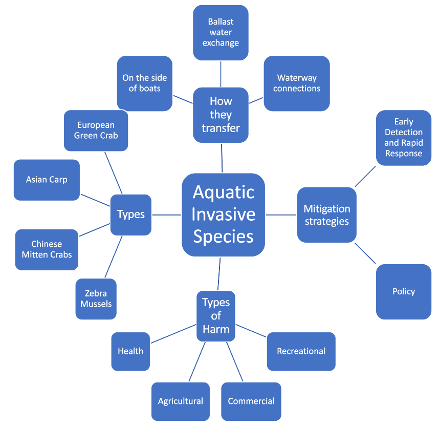 concept map with three levels of detail related to aquatic invasive species