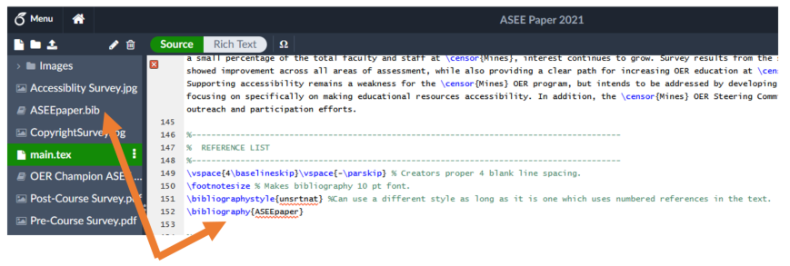 screenshot of Overleaf main.txt with arrows to .bib file and reference section in the source view