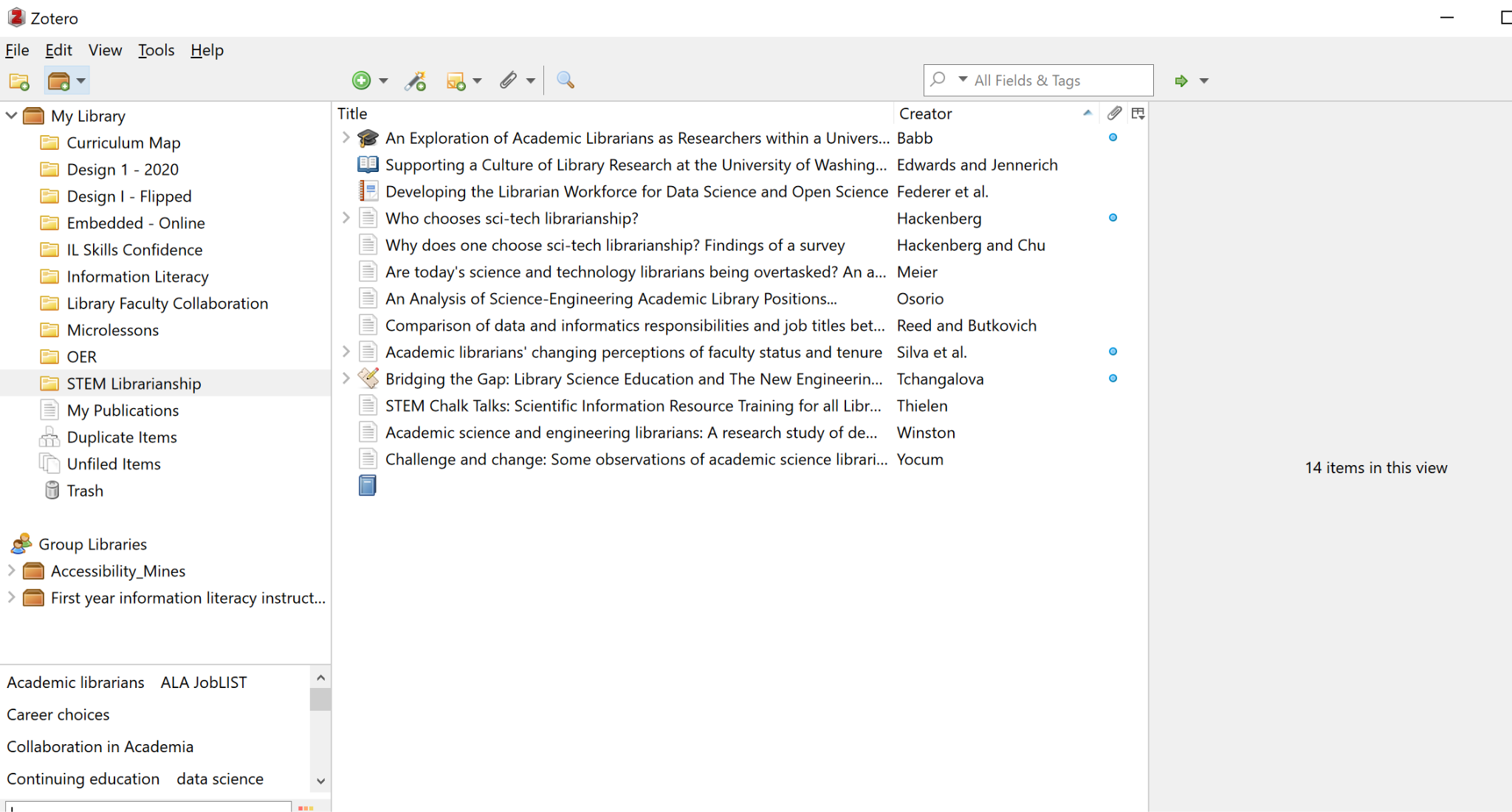 Zotero platform with folders, groups and items