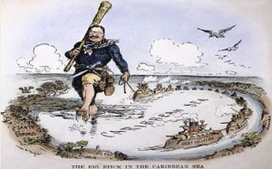 Cartoon of Teddy Roosevelt using coercive diplomacy in the Carribean