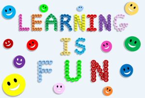 Learning is Fun spelled out with smiley faces