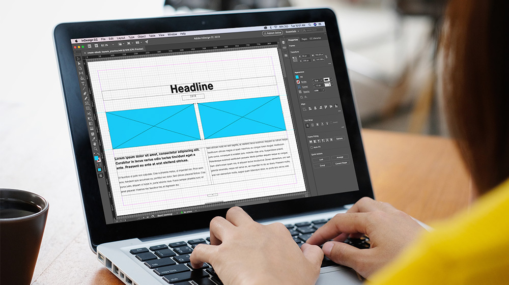 Capturing a person creating a page on Adobe InDesign.