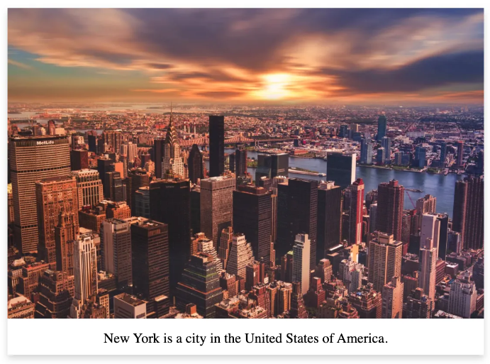 The result of adding CSS code to create a shadow around a post-card like image of a high angle view of New York city's cityscape against the cloudy sky. It contains text that reads "New York is a city in the United States of America" at the bottom of the image portion of the card.