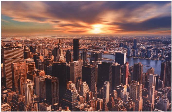 A high angle view of New York city's cityscape against the cloudy sky.