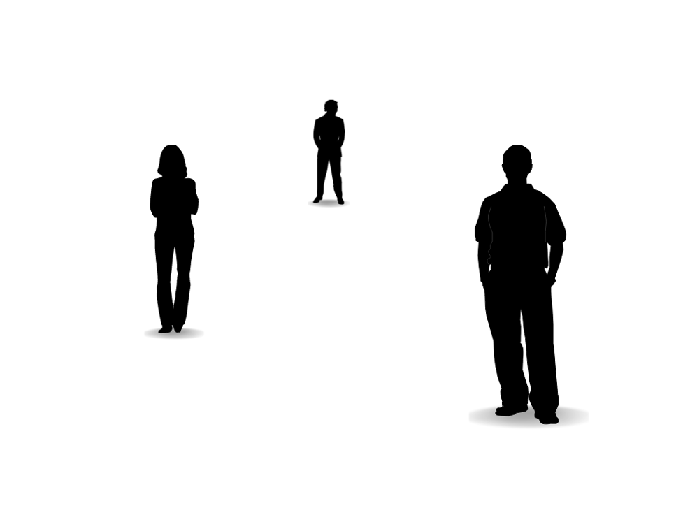 Three people standing far apart from one another.