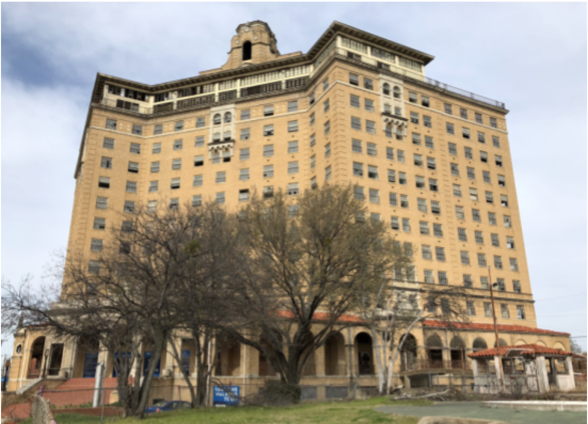 Image of The Baker Hotel taken from the street looking up.