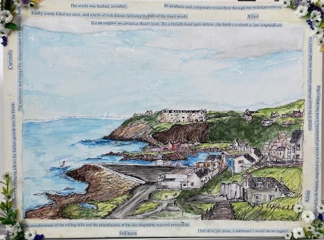 Watercolor image of Portpatrick with writing around the perimeter.