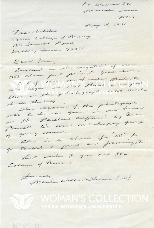 Image 4. A letter from Marilyn Thomas (nursing graduate in 1958).