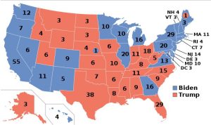 Final Electoral Results for 2020 Presidential Election. Most of the middle and southern states are red, while states on the east and west coast are blue