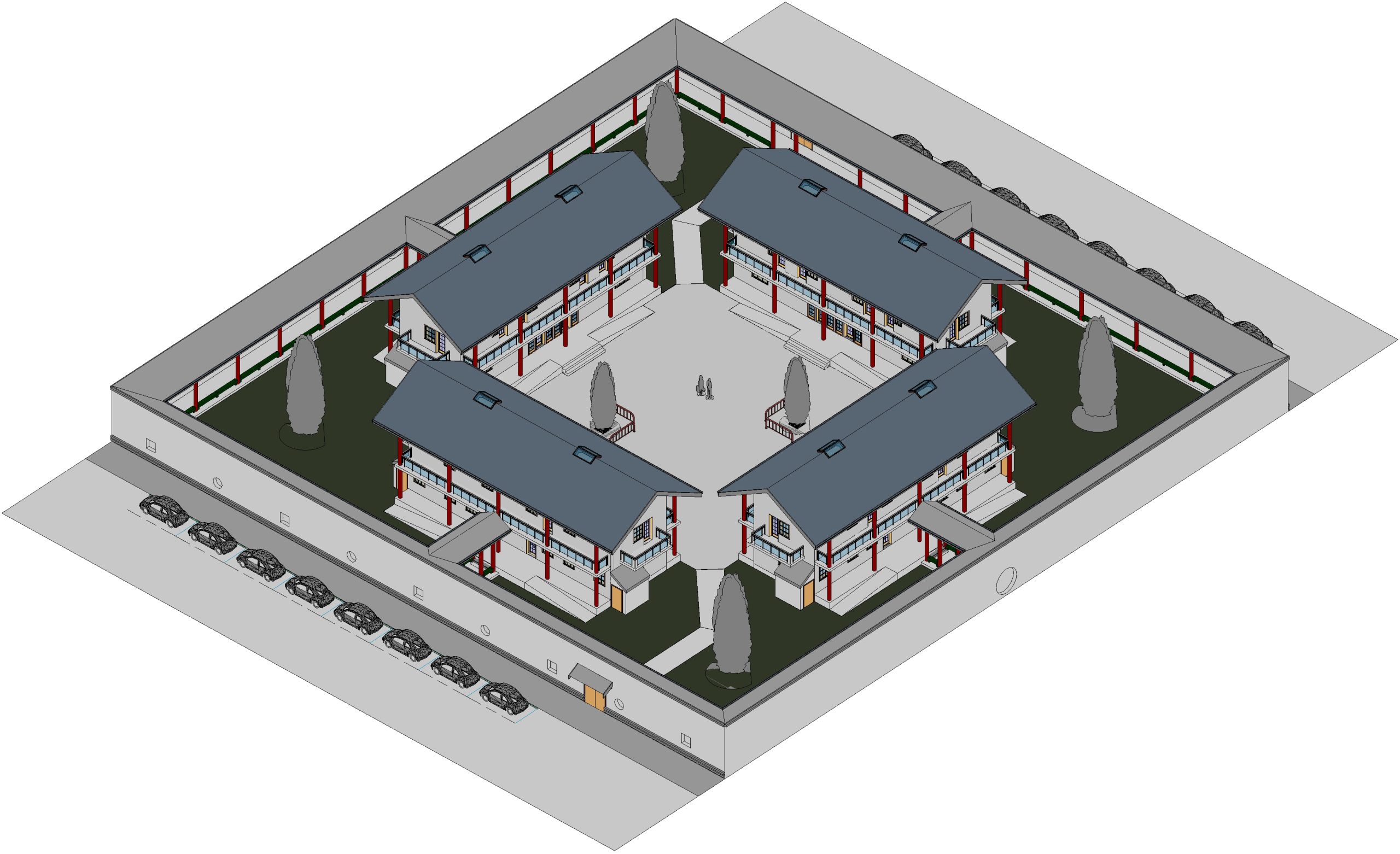 Figure 1 Proposed Beijing new courtyard garden house compound housing 8 nuclear families. Design and model by Donia Zhang 2008-2013