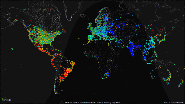 Worldwide Internet Use over 24 hour period (click to go to site of origin). Image courtesy of the Internet Census 2012 project. Public domain.