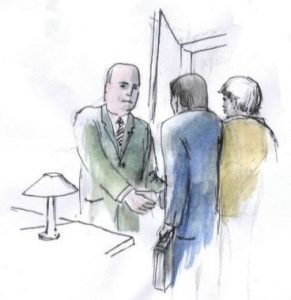 In his office, a business man wearing a suit shakes hands with two clients, one of which carries a briefcase.