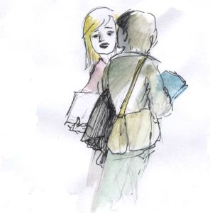 Two females, both carrying books and book bags, face each other as they pass by.