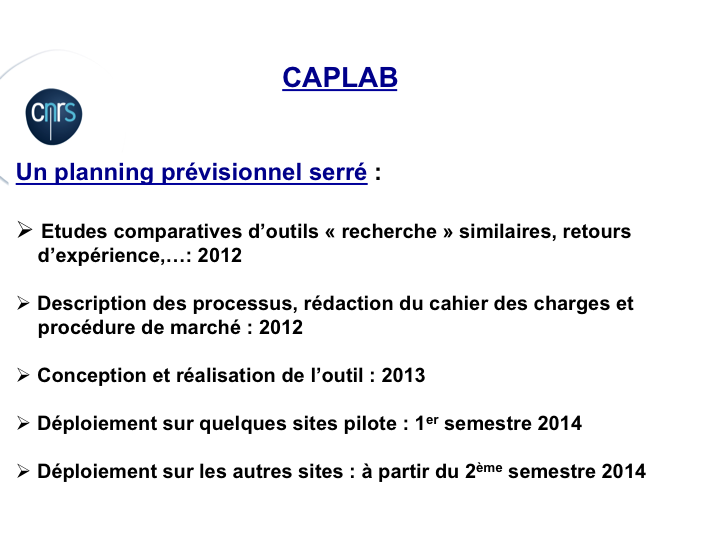 Calendrier du projet CAPLAB, tel qu'annoncé en 2012