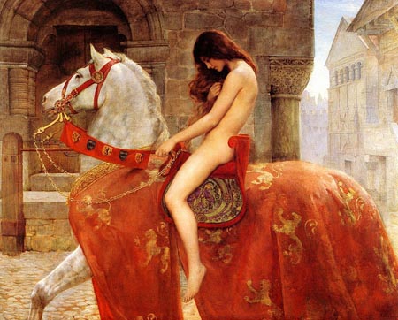 Lady Godiva by John Collier, 1897. A naked woman with long hair looks down while riding a white horse covered in a red blanket.