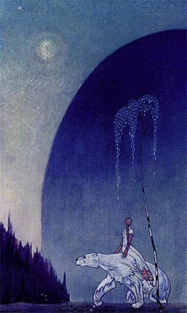 Illustration by Kay Nielsen, 1914. A girl rides a polar bear under a sliver of moon, with a hill in the background and a tree in foreground.