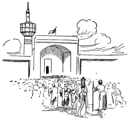 Illustration by John R. Neill, 1906. A bustling Persian market with sellers and buyers, and a minaret above it. A man with a big stick stands at the foreground.