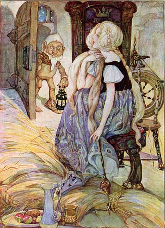 Illustration of the miller's daughter sitting at her spinning wheel, with Rumpelstiltskin entering her room.