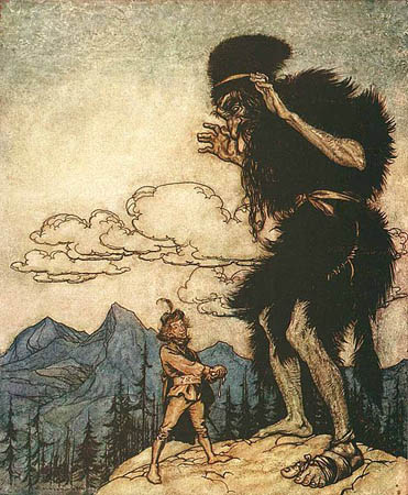 The Valiant Little Tailor by Arthur Rackham. The tailor squeezes liquid from soft cheese as the giant watches.
