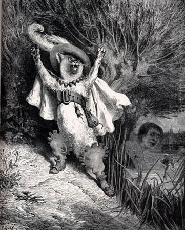 Illustration by Gustave Doré, 1865. The cat, resplendent in a feathered hat, boots, and belt, stands on his hind legs and shouts. The miller's son watches from the water in the background, unsure.