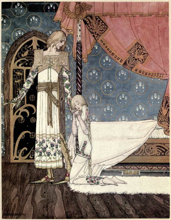 Illustration by Kay Nielsen, 1914. A prince in ornate dress looks down at a girl kneeling by his feet beside a bed.