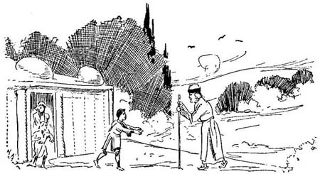 Illustration by John R. Neill. A child runs out of a house to great an old man with a big stick.