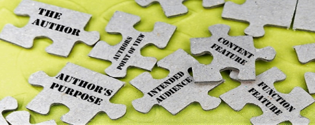 Unattached puzzle pieces with the words “The Author”, “Author’s Purpose”, “Author’s Point of View”, “Intended Audience”, “Content Feature”, and “Function Feature” on each piece.