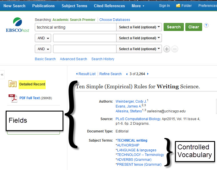 Examples of fields and controlled vocabulary in a library database