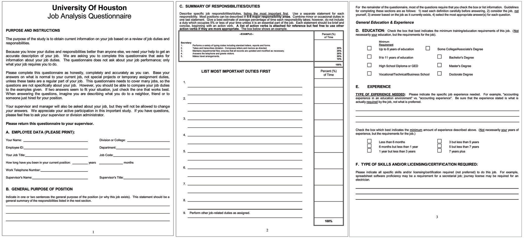 A sample job analysis questionnaire