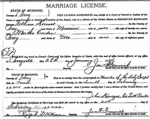 Wilhelm "William" and Martha (Cordes) Kirmse Marriage License[1]