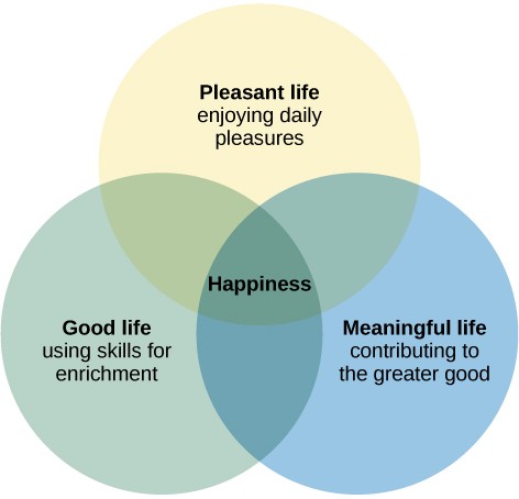 A Venn diagram features three circles: one labeled “Good life: using skills for enrichment,” one labeled “Pleasant life: enjoying daily pleasures,” and another labeled: Meaningful life: contributing to the greater good.” All three circles overlap at a section labeled “Happiness.”
