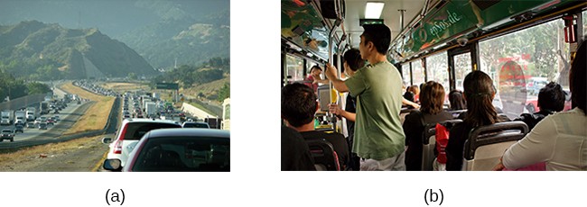 Photograph A shows heavy traffic going both ways on a scenic road. Photograph B shows a crowded bus with people sitting in the seats and standing in the aisles.