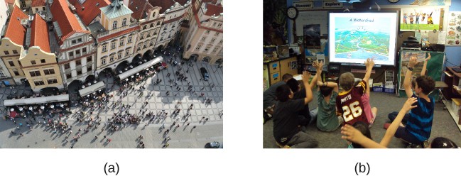 (a) A photograph shows an aerial view of crowds on a street. (b) A photograph shows a small group of children.