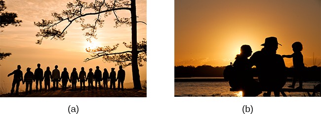 Photograph A shows a large group of people holding hands with the sun setting in the distance. Photograph B shows a close relationship between three people by the water.