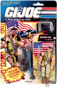 The packaged "Gung-Ho" G.I. Joe action figure depicts a shoulder engaged in combat while holding the American flag.