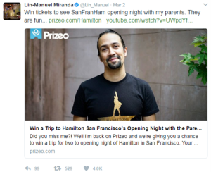 A tweet from Lin-Manuel Miranda about Hamilton tickets