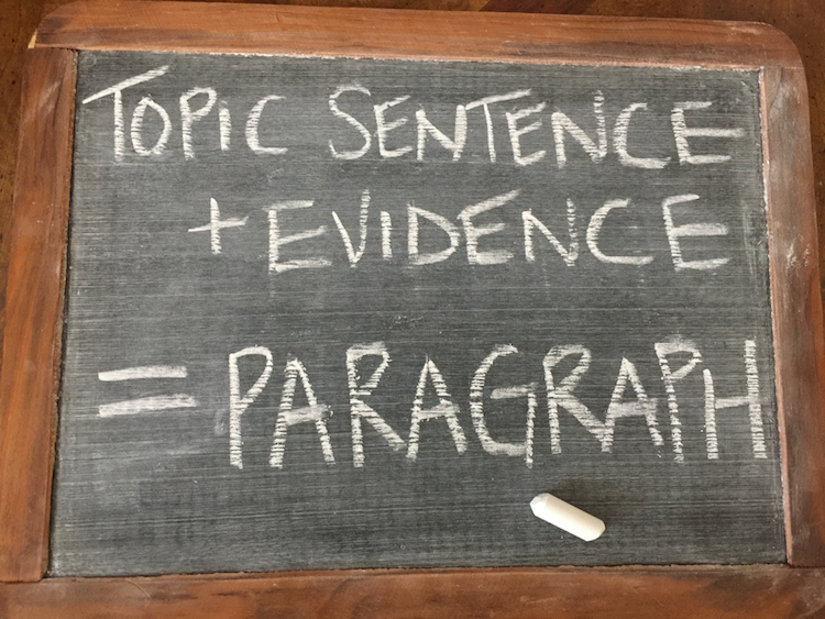 Chalk board displaying Topic Sentence plus evidence equals paragraph