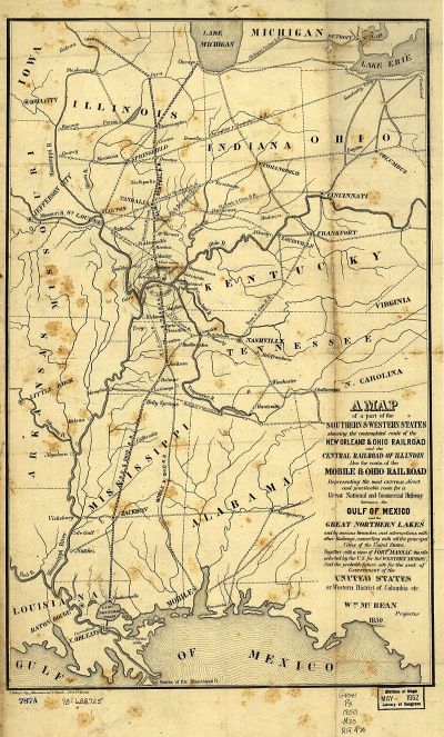 Illinois Central 1850 planned Route Map - Downloaded from Wikipedia