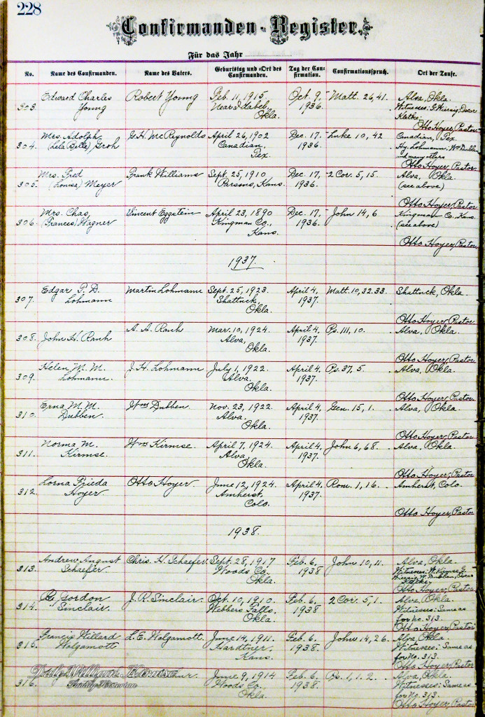 Confirmation Record of Zion Lutheran Church - Alva, Oklahoma for 1937. Digitized December, 2003.