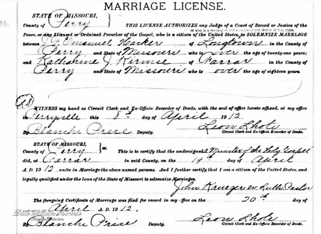 Johanna Katharina (Kirmse) and Joseph Friedrich Emmanuel Hacker Marriage License[1]