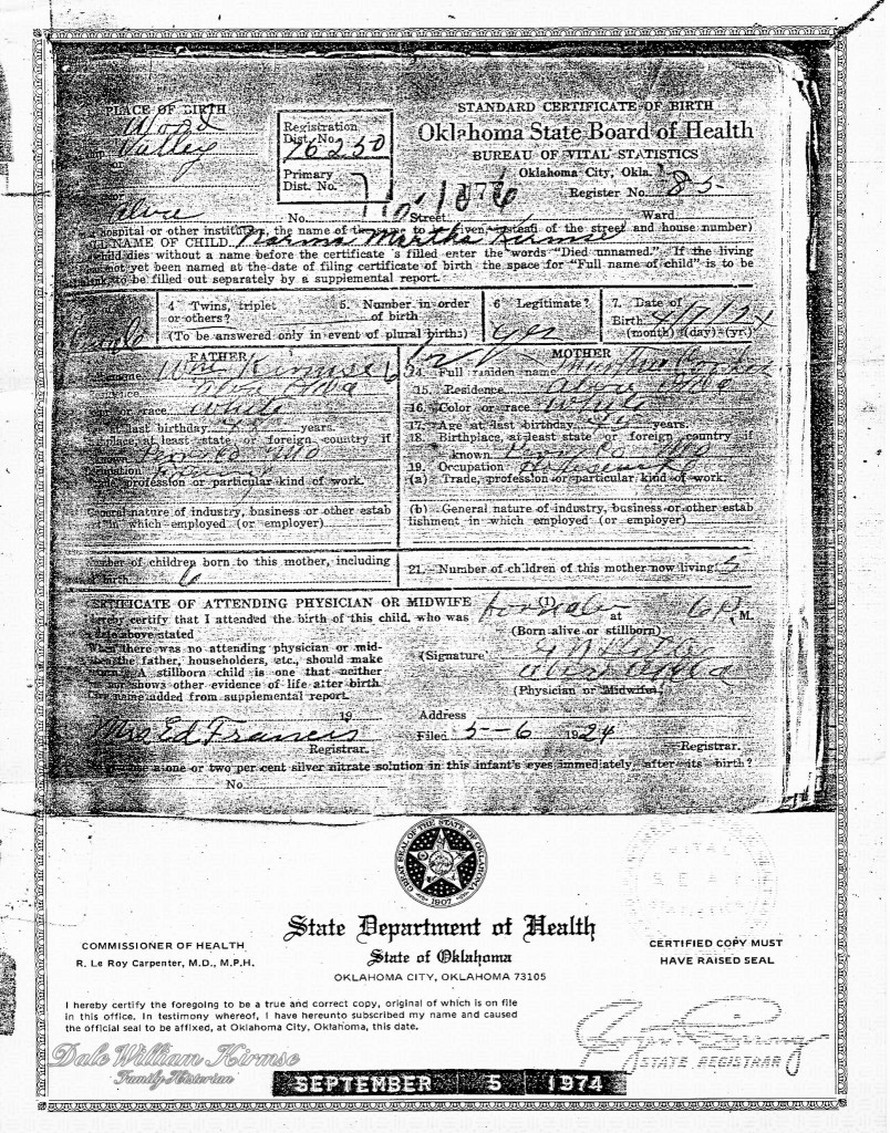 Birth Certificate of Norma Kirmse