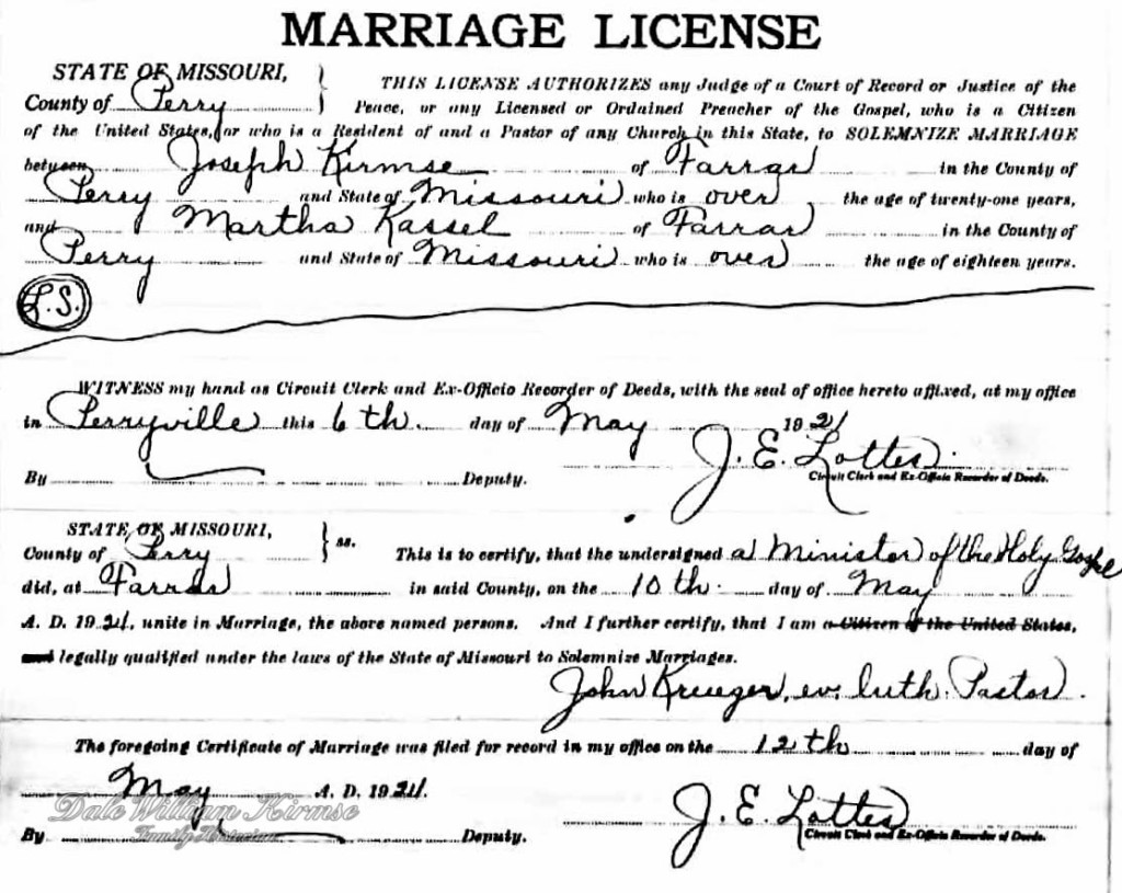 Joseph "Joe" and Martha Wilhemina (Kassel) Kirmse Marriage License[1]