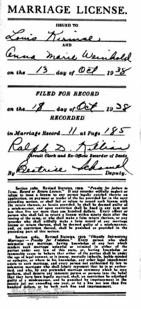 Louis and Anna Marie (Weinhold) Kirmse Marriage License