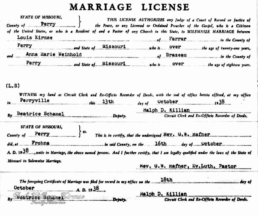 Louis and Anna Marie (Weinhold) Kirmse Marriage License[2]