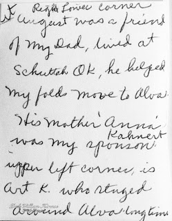 Ella (Kirmse) Krueger provided this note to Donna (Kirmse) Martin. I remember Ella noting that Grandma Anna Kahnert was the source of her first middle name, Anna.