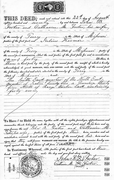 Deed of property by John B Foster and wife to Julius Kirmse - 22 August 1870