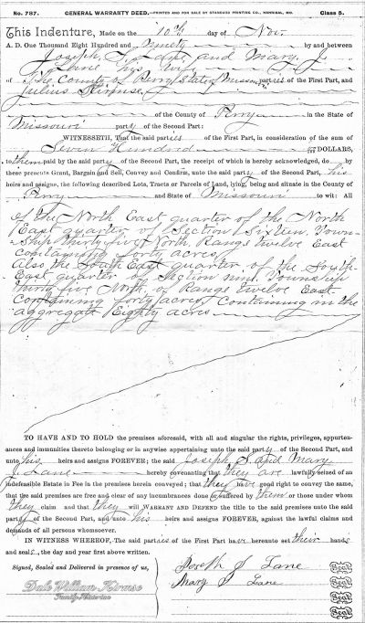 Deed of property by Joseph S. Lane and his wife Mary J. Lane to Julius Kirmse for $700 on 10 November 1890