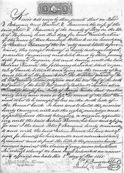Deed of property by Peter V. Beauvais and his wife Rachel W. Beauvais to Julius Kirmse - 8 Dec 1865